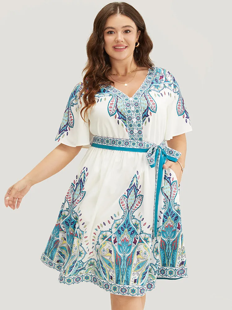 Bandana Button Detail Pocket Belt Knee Dress sold by Bloomchic