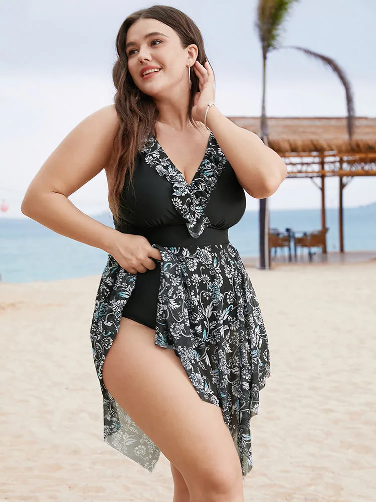 Ruffle Trim Hanky Hem Floral Contrast Swim Dress sold by Bloomchic product image thumbnail 4