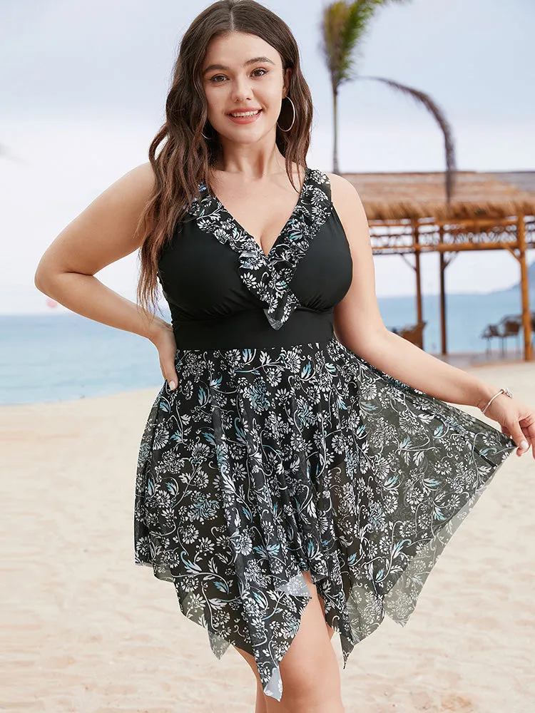 Ruffle Trim Hanky Hem Floral Contrast Swim Dress sold by Bloomchic