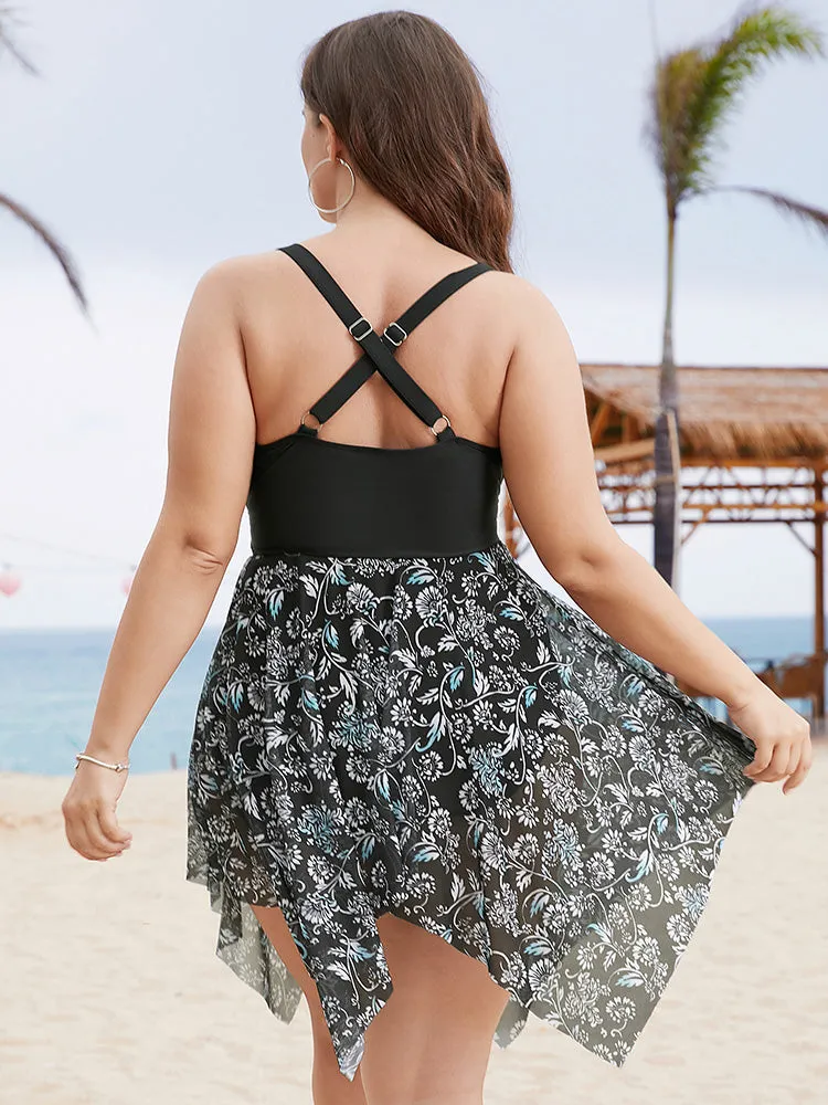 Ruffle Trim Hanky Hem Floral Contrast Swim Dress sold by Bloomchic product image thumbnail 2