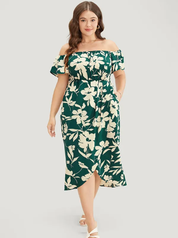 Floral Ruffles Pleated Split Hem Pocket Off Shoulder Dress sold by Bloomchic