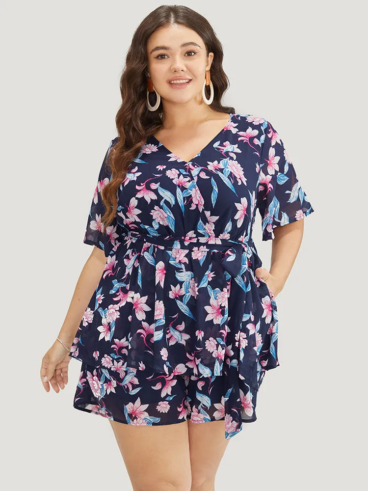 Floral Wrap Belted Pocket Ruffle Tiered Romper sold by Bloomchic product image thumbnail 4