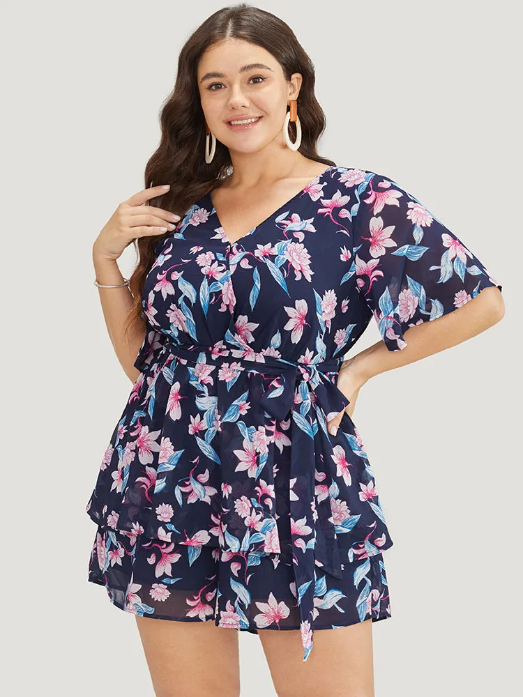 Floral Wrap Belted Pocket Ruffle Tiered Romper sold by Bloomchic