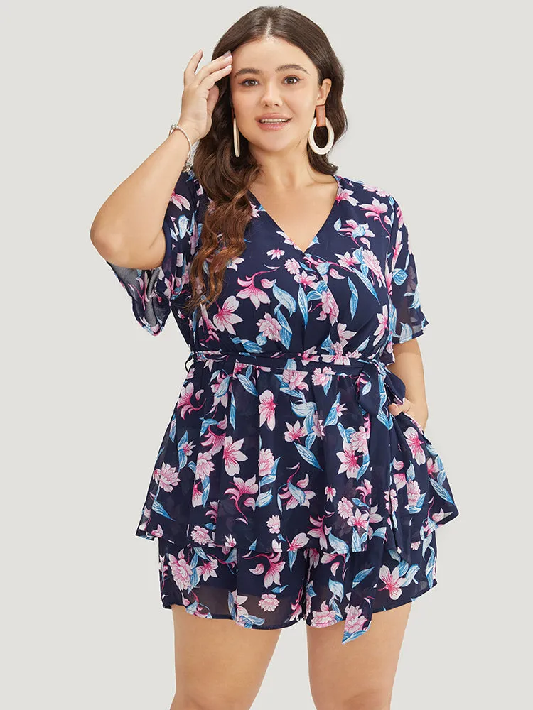 Floral Wrap Belted Pocket Ruffle Tiered Romper sold by Bloomchic product image thumbnail 5