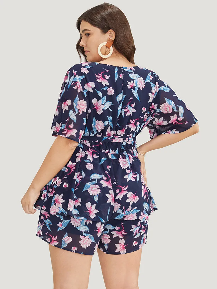 Floral Wrap Belted Pocket Ruffle Tiered Romper sold by Bloomchic product image thumbnail 2