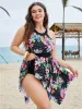 Floral Hanky Hem Cut Out Halter Sculpt Waist Swim Dress sold by Bloomchic