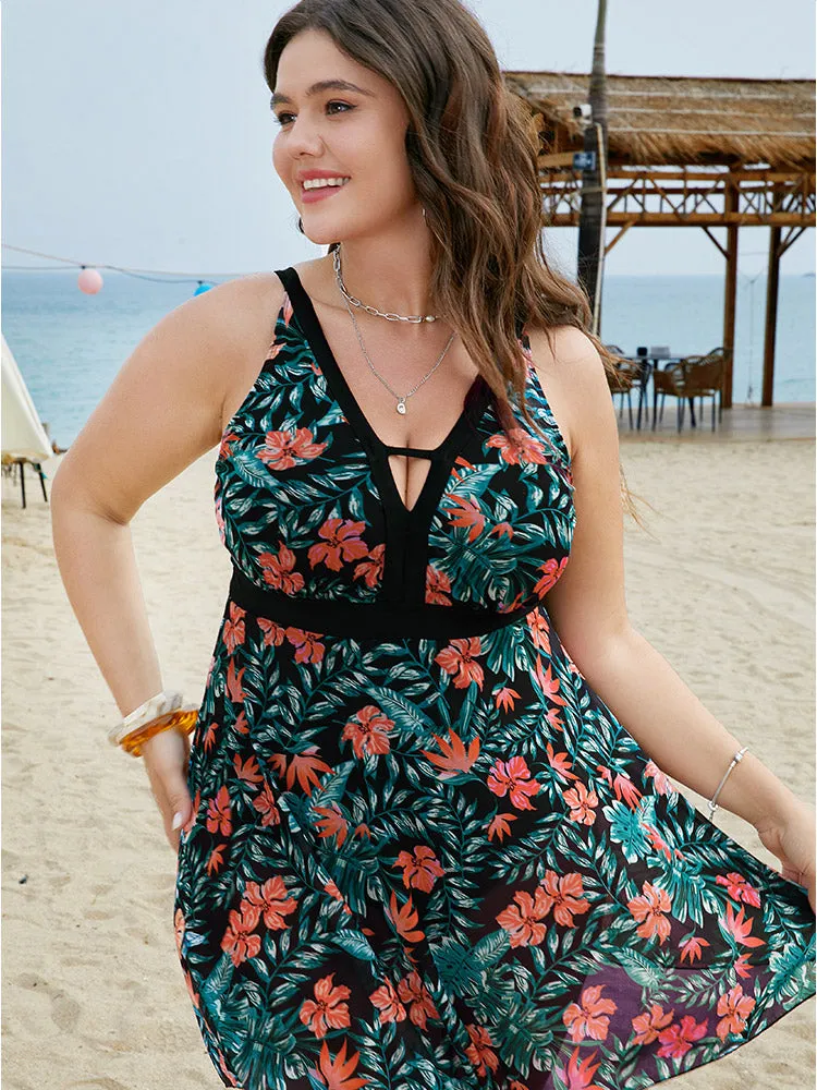 Floral Keyhole Neck Mesh Ruffle Hem Swim Dress sold by Bloomchic product image thumbnail 3