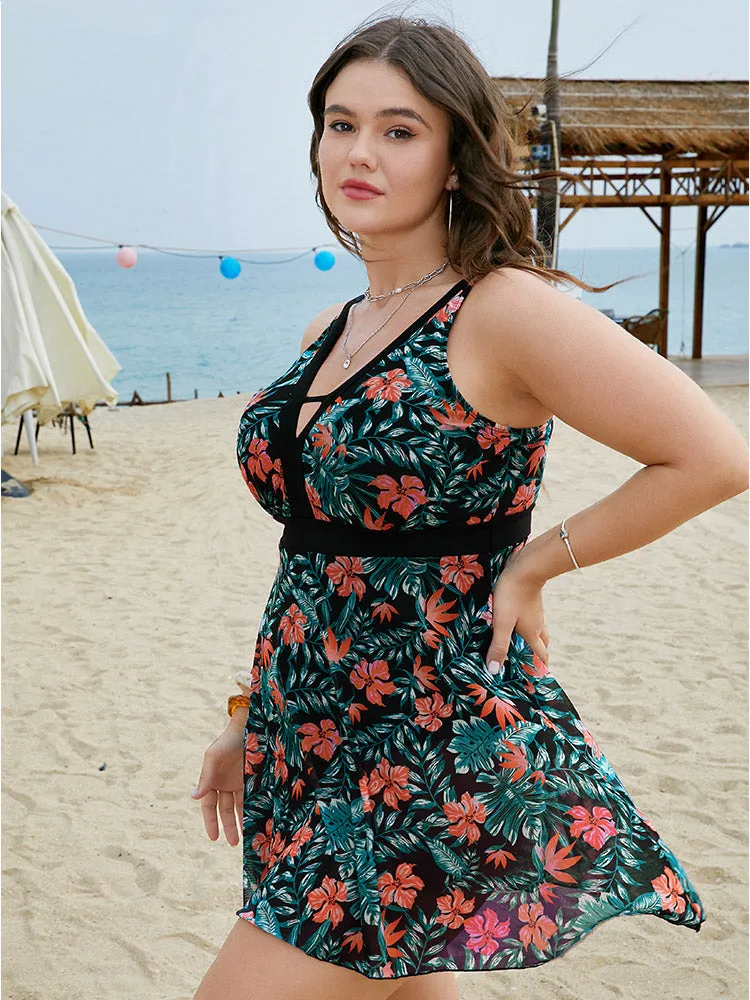 Floral Keyhole Neck Mesh Ruffle Hem Swim Dress sold by Bloomchic product image thumbnail 4