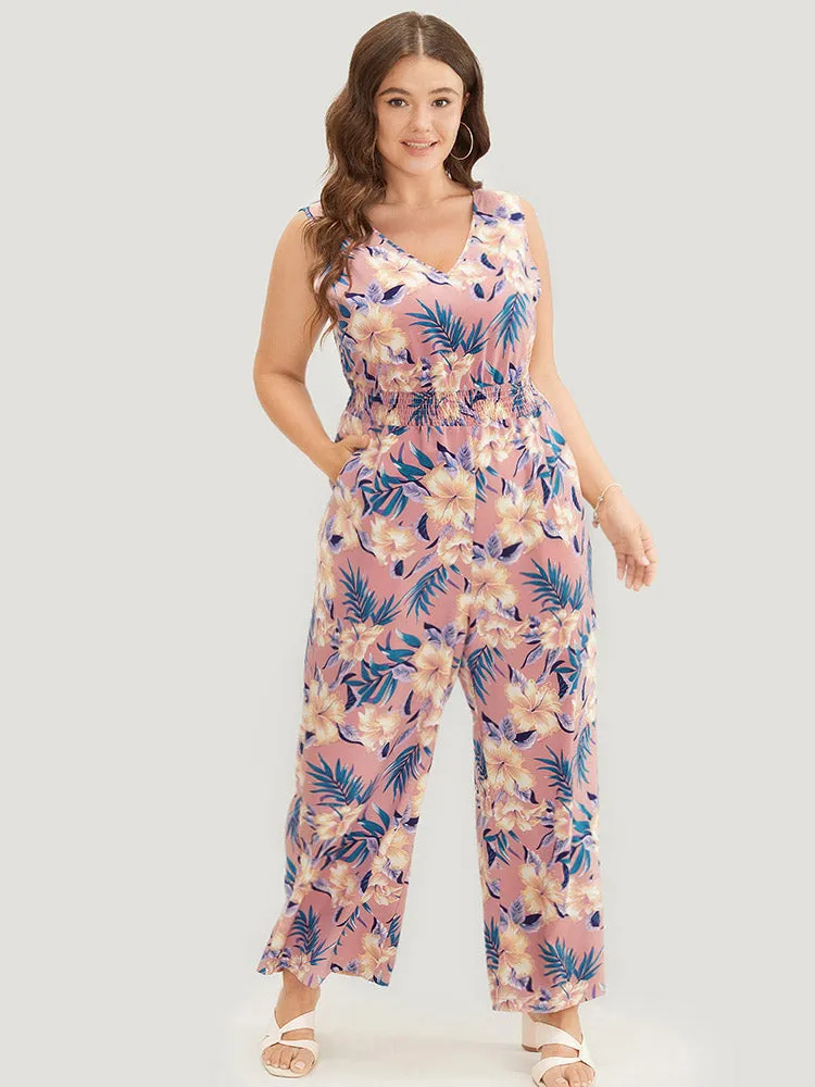 Tropical Print Pocket Shirred Tank Jumpsuit sold by Bloomchic