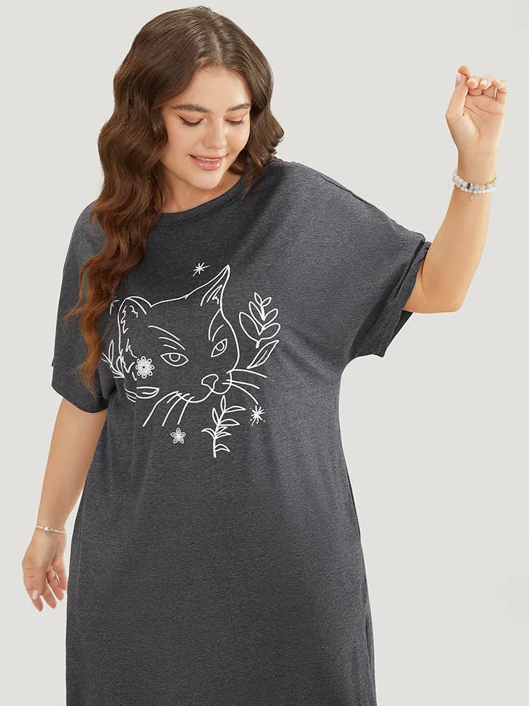 Cat Print Split Hem Pocket Dolman Sleeve Tee Dress sold by Bloomchic product image thumbnail 5
