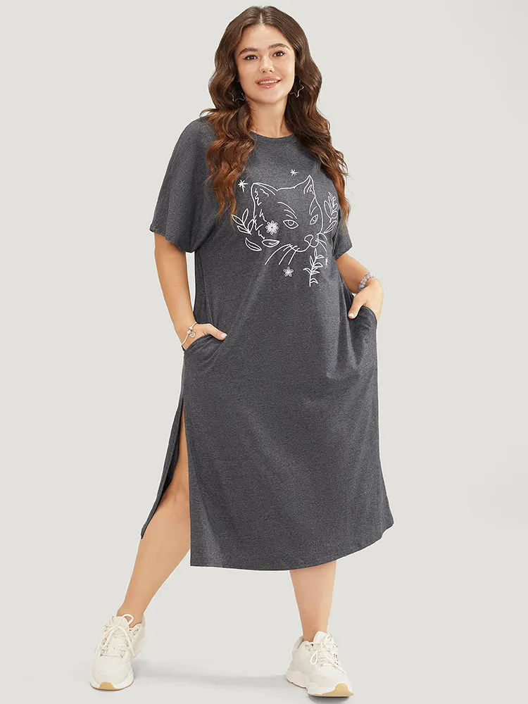 Cat Print Split Hem Pocket Dolman Sleeve Tee Dress sold by Bloomchic product image thumbnail 4