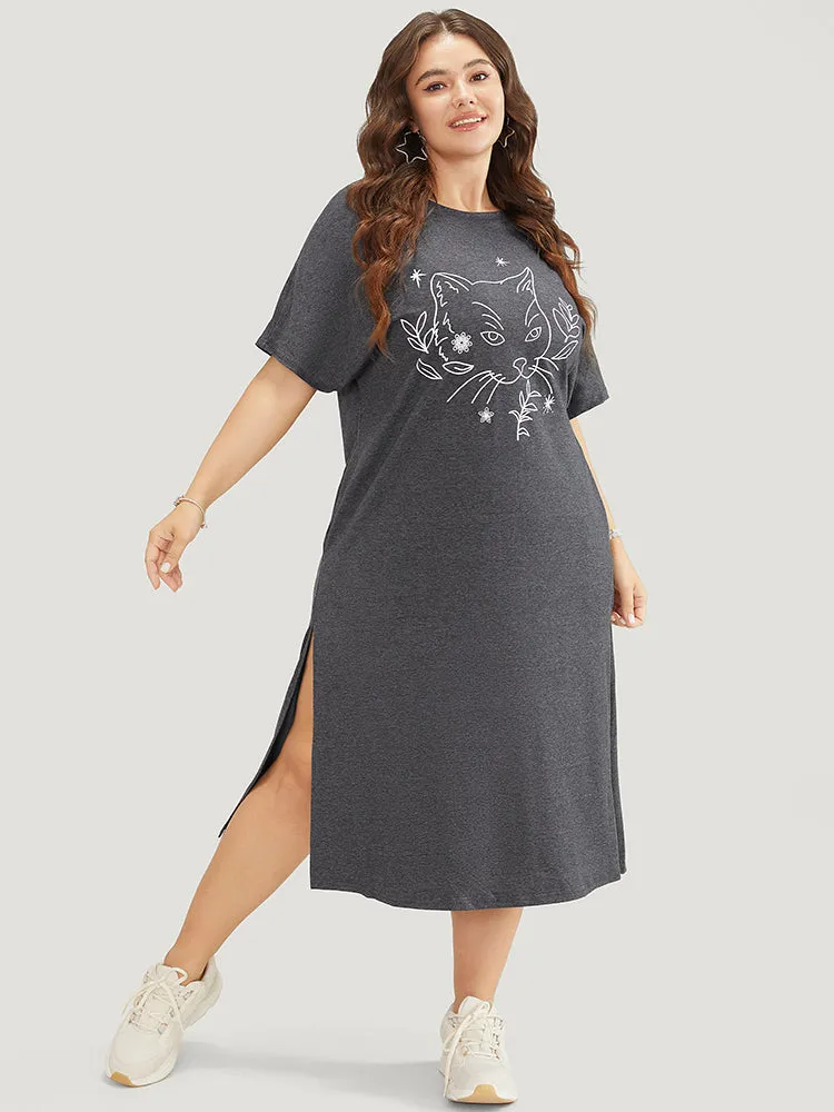 Cat Print Split Hem Pocket Dolman Sleeve Tee Dress sold by Bloomchic