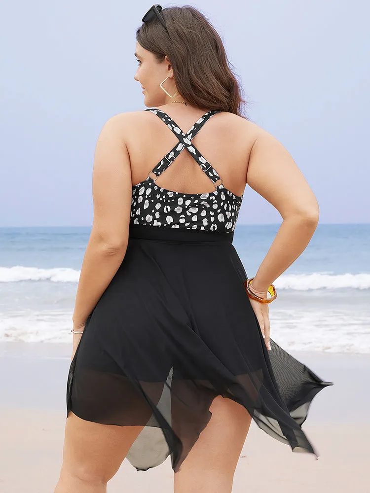 Leopard Patchwork Drawstring Front Mesh Hanky Hem Swim Dress sold by Bloomchic product image thumbnail 2