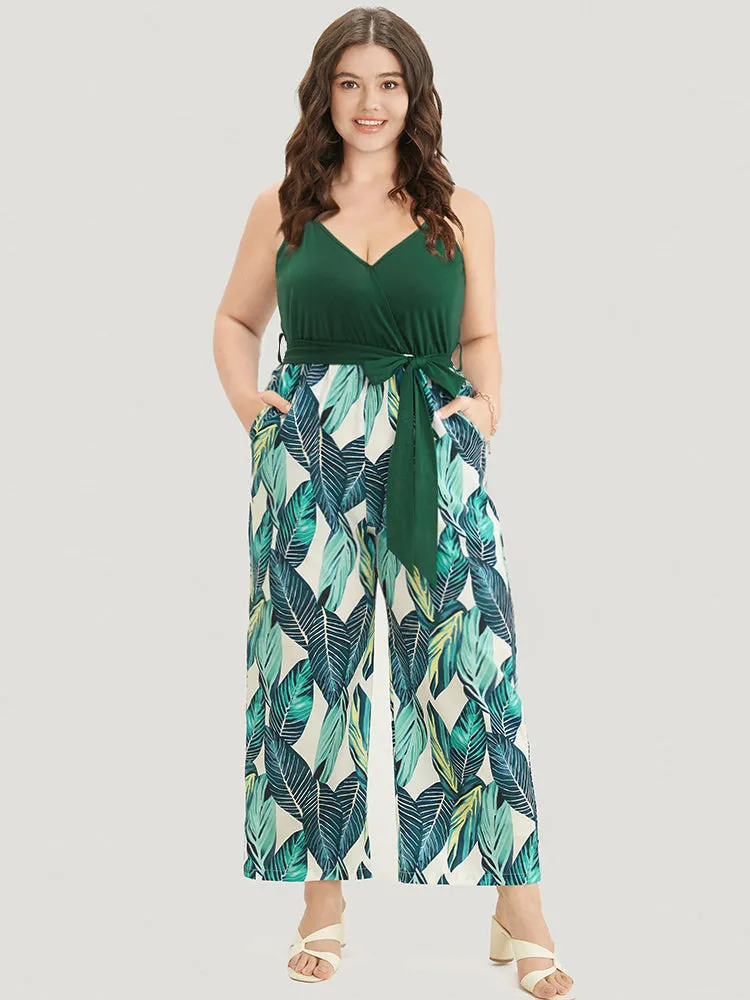 Tropical Patchwork Surplice Neck Pocket Belt Cami Jumpsuit sold by Bloomchic