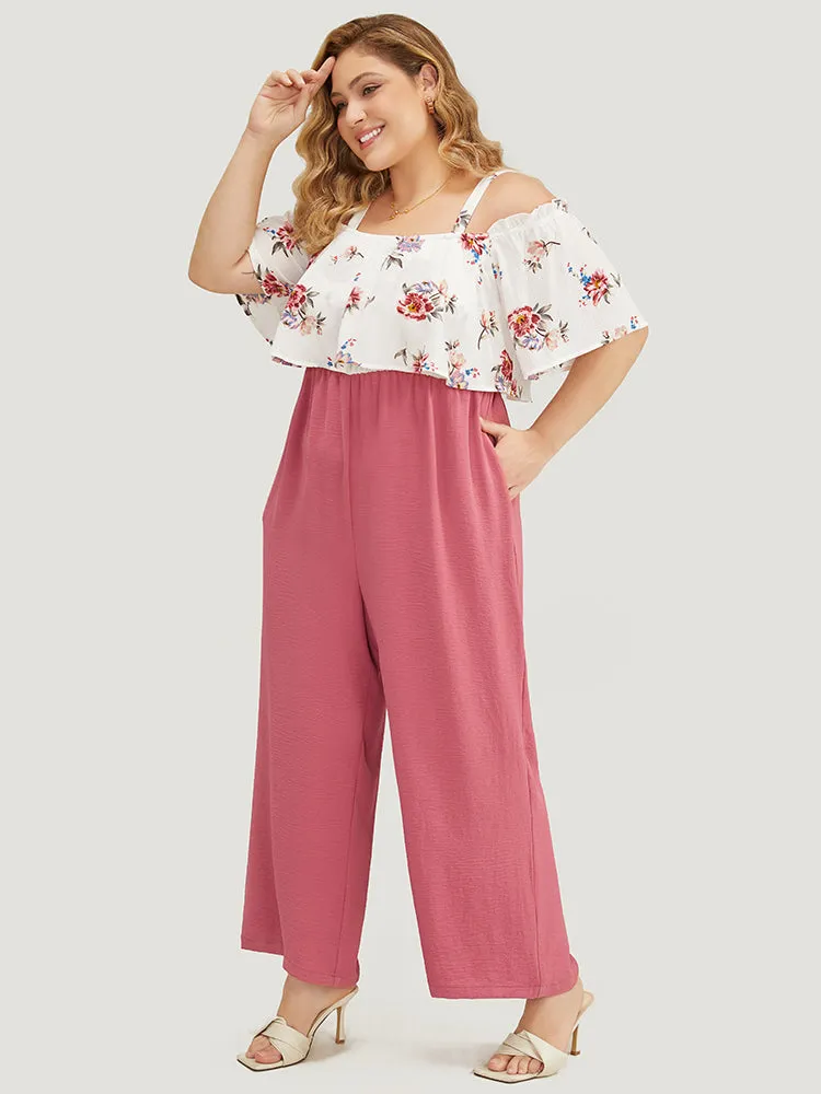Floral Patchwork Pocket Ruffle Trim Cold Shoulder Jumpsuit sold by Bloomchic product image thumbnail 3