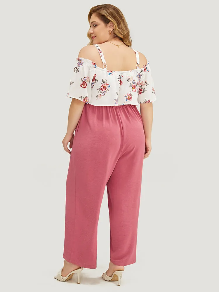 Floral Patchwork Pocket Ruffle Trim Cold Shoulder Jumpsuit sold by Bloomchic product image thumbnail 4