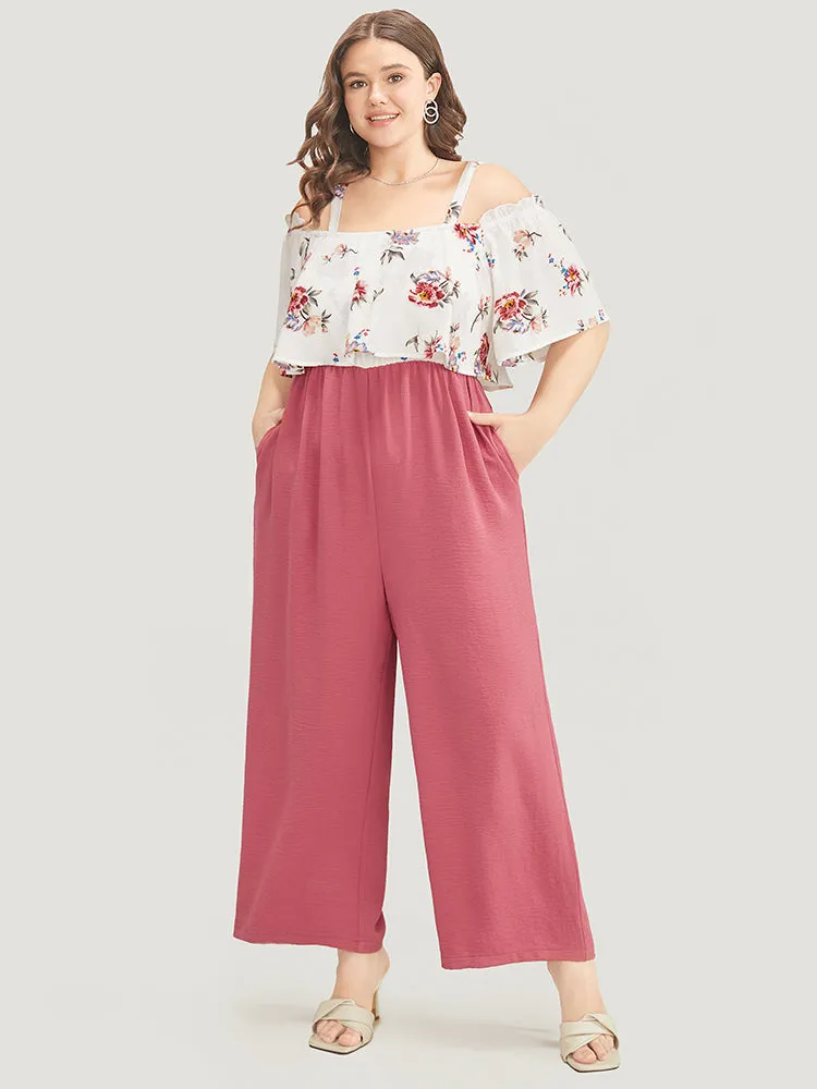 Floral Patchwork Pocket Ruffle Trim Cold Shoulder Jumpsuit sold by Bloomchic