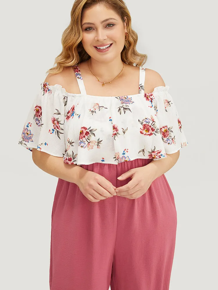 Floral Patchwork Pocket Ruffle Trim Cold Shoulder Jumpsuit sold by Bloomchic product image thumbnail 5