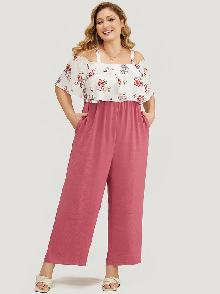 Floral Patchwork Pocket Ruffle Trim Cold Shoulder Jumpsuit sold by Bloomchic product image thumbnail 2