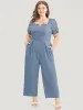 Solid Lace Notched Square Neck Pocket Pleated Jumpsuit sold by Bloomchic