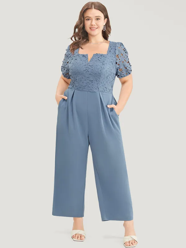 Solid Lace Notched Square Neck Pocket Pleated Jumpsuit sold by Bloomchic