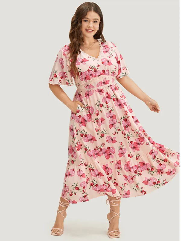 Floral Print Lace Pocket Ruffle Hem Empire Waist Dress sold by Bloomchic
