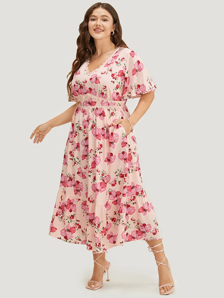 Floral Print Lace Pocket Ruffle Hem Empire Waist Dress sold by Bloomchic product image thumbnail 3