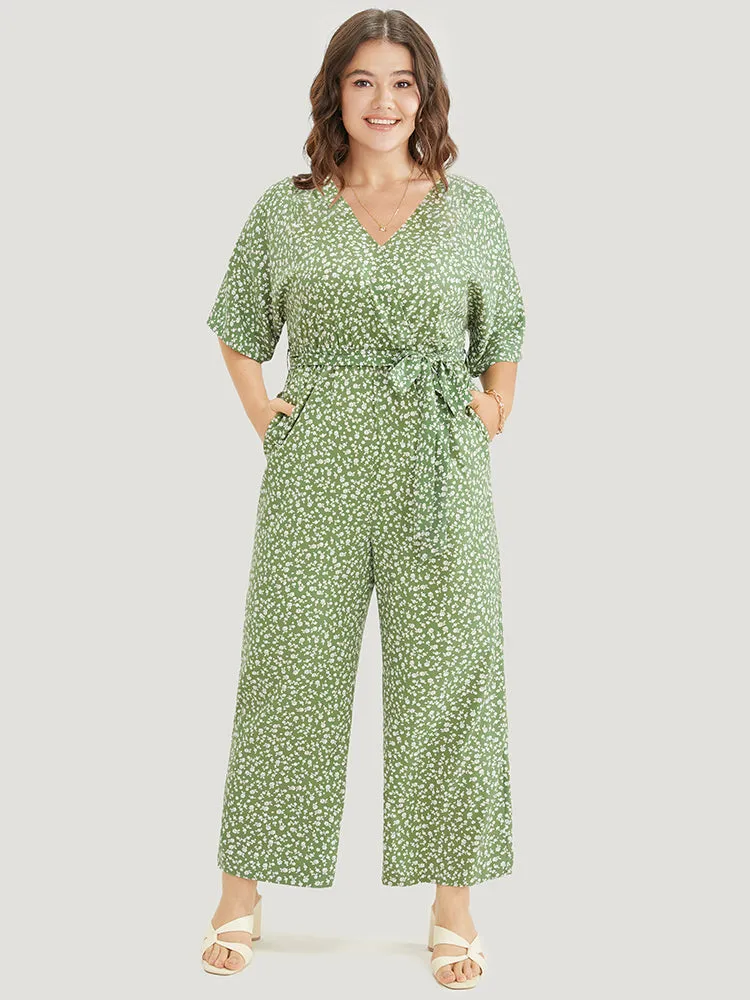 Ditsy Floral Wrap Pocket Belt Batwing Sleeve Jumpsuit sold by Bloomchic