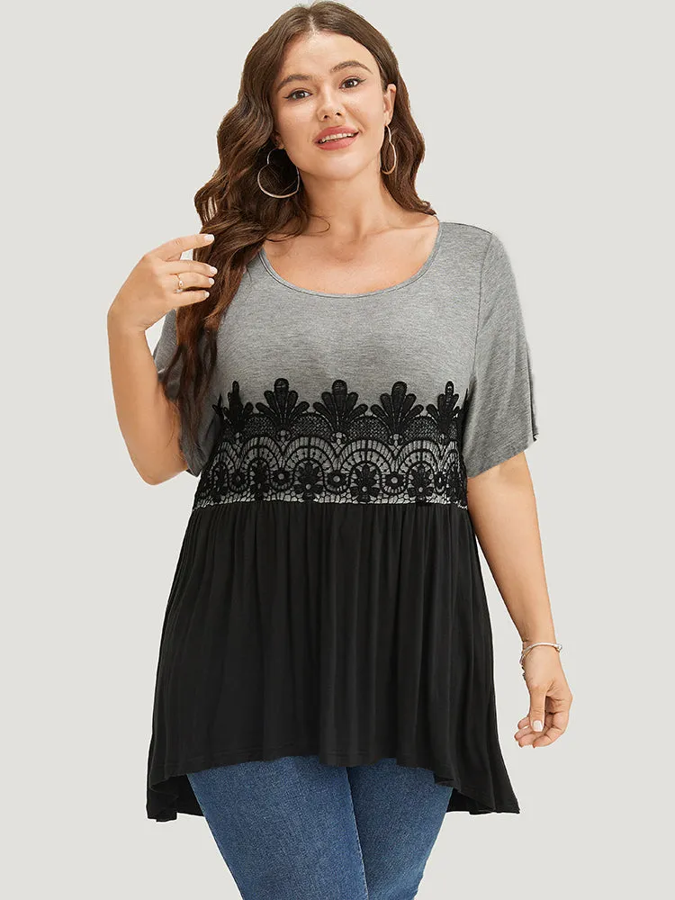 Floral Guipure Lace Contrast Ruffle Asymmetrical Hem T-shirt sold by Bloomchic