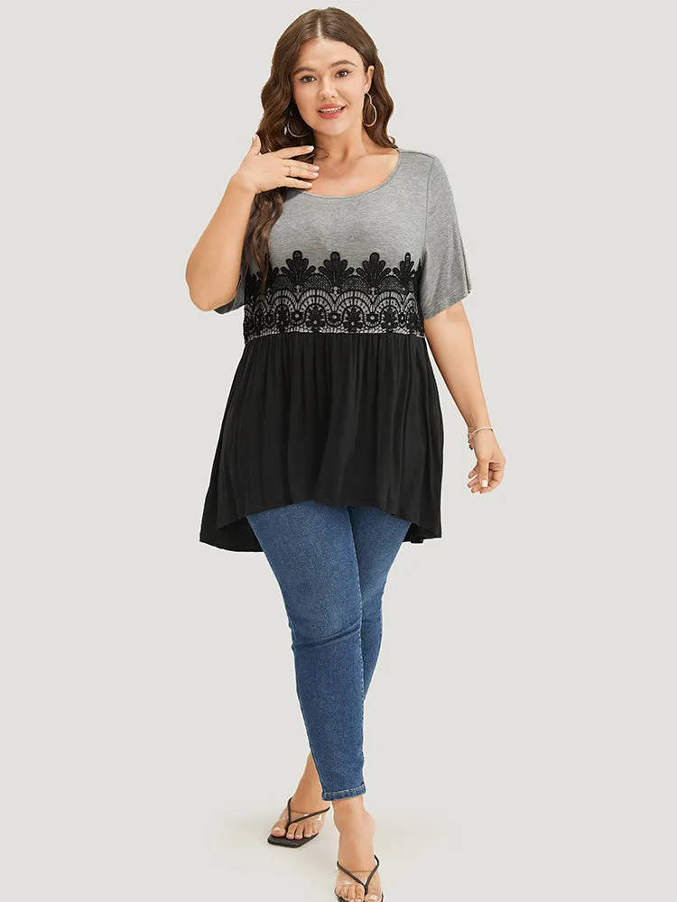 Floral Guipure Lace Contrast Ruffle Asymmetrical Hem T-shirt sold by Bloomchic product image thumbnail 5