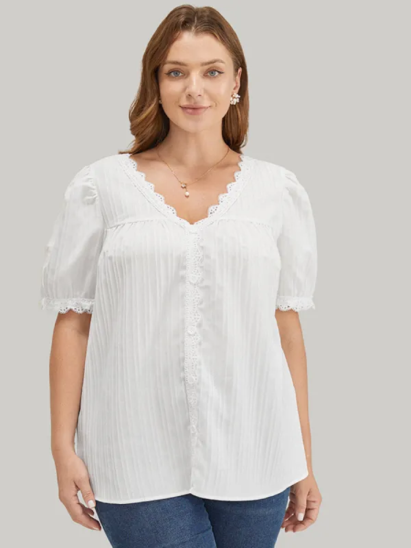 Solid Lace Button Detail Puff Sleeve Blouse sold by Bloomchic
