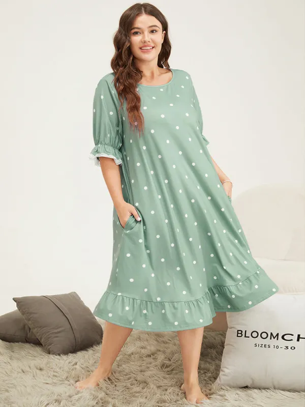 Polka Dot Lace Ruffle Trim Pocket Sleep Dress sold by Bloomchic