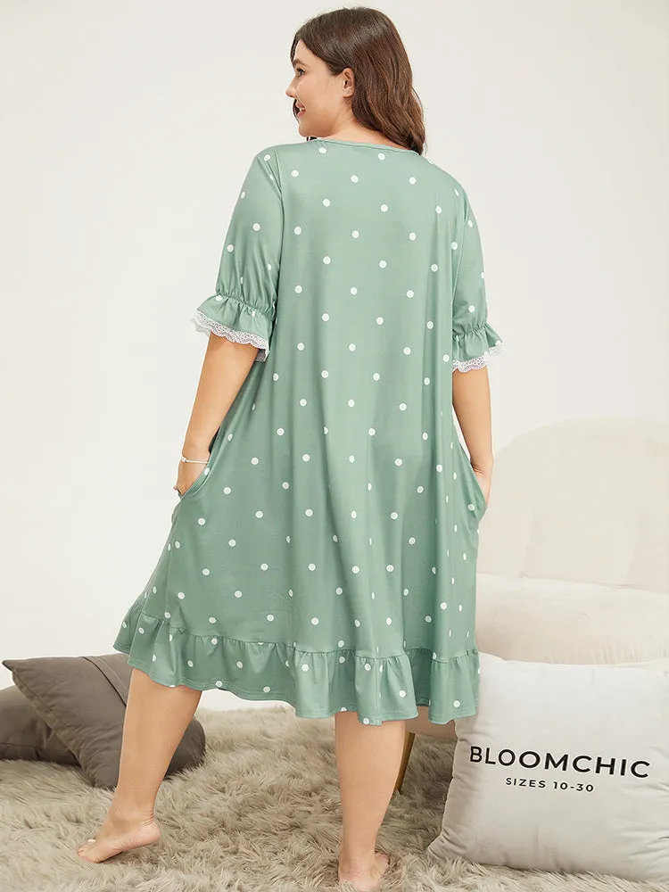 Polka Dot Lace Ruffle Trim Pocket Sleep Dress sold by Bloomchic product image thumbnail 2