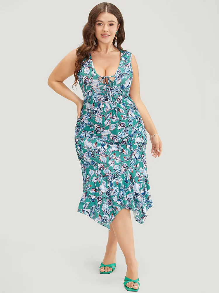Floral Print Hanky Hem Knot Deep V Neck Tank Dress sold by Bloomchic