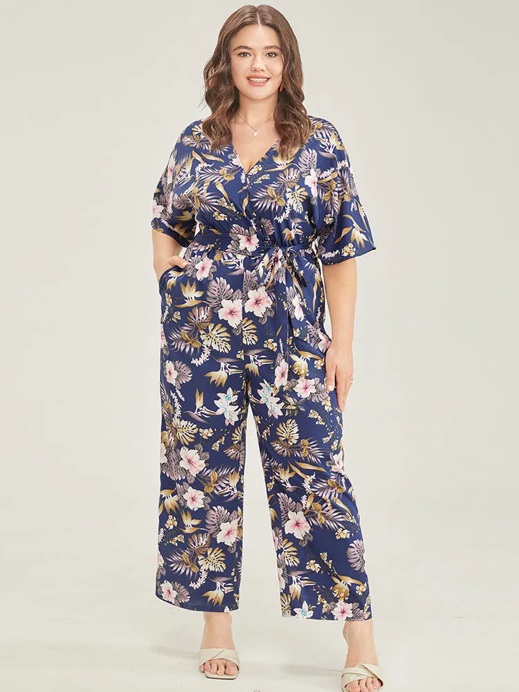Tropical Print Ruffles Pocket Wrap Belt Jumpsuit sold by Bloomchic