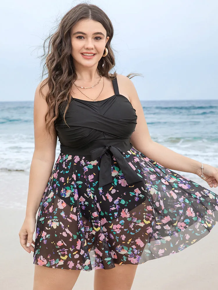 Floral Mesh Ruffle Hem Crossover Knot Swim Dress sold by Bloomchic product image thumbnail 3