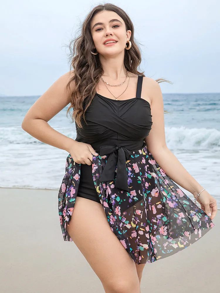 Floral Mesh Ruffle Hem Crossover Knot Swim Dress sold by Bloomchic product image thumbnail 4