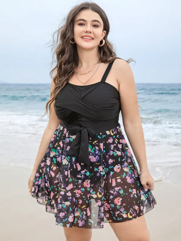 Floral Mesh Ruffle Hem Crossover Knot Swim Dress sold by Bloomchic