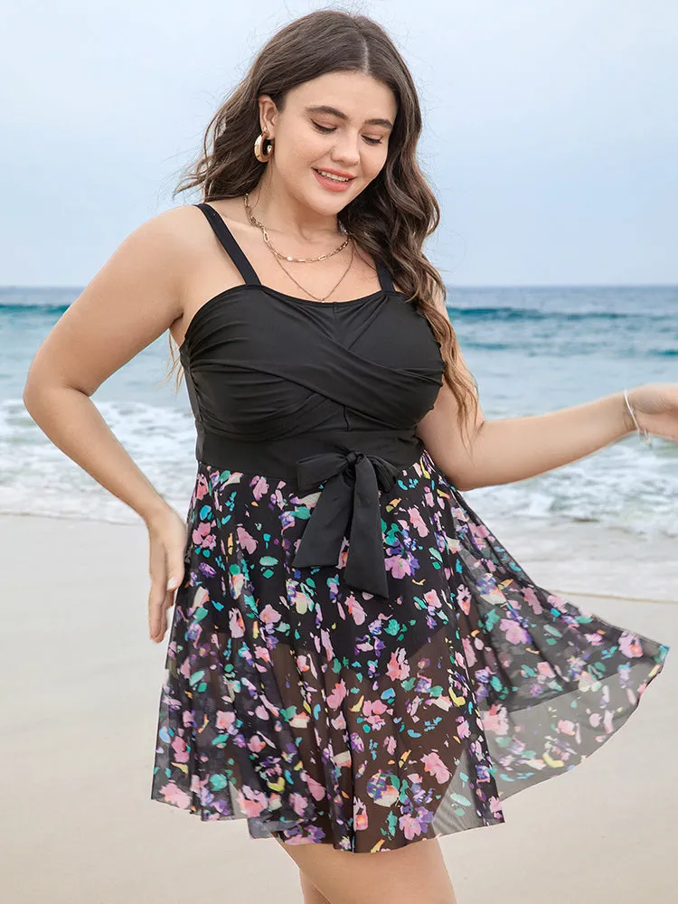 Floral Mesh Ruffle Hem Crossover Knot Swim Dress sold by Bloomchic product image thumbnail 5