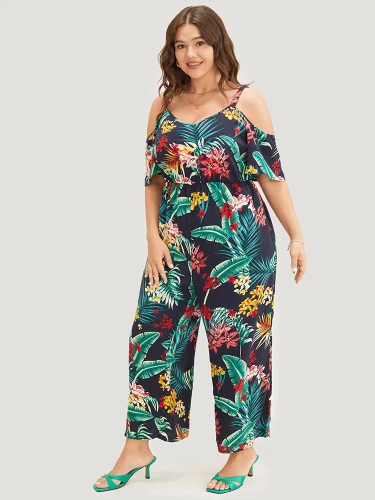 Tropical Print Pocket Cold Shoulder Jumpsuit sold by Bloomchic product image thumbnail 4