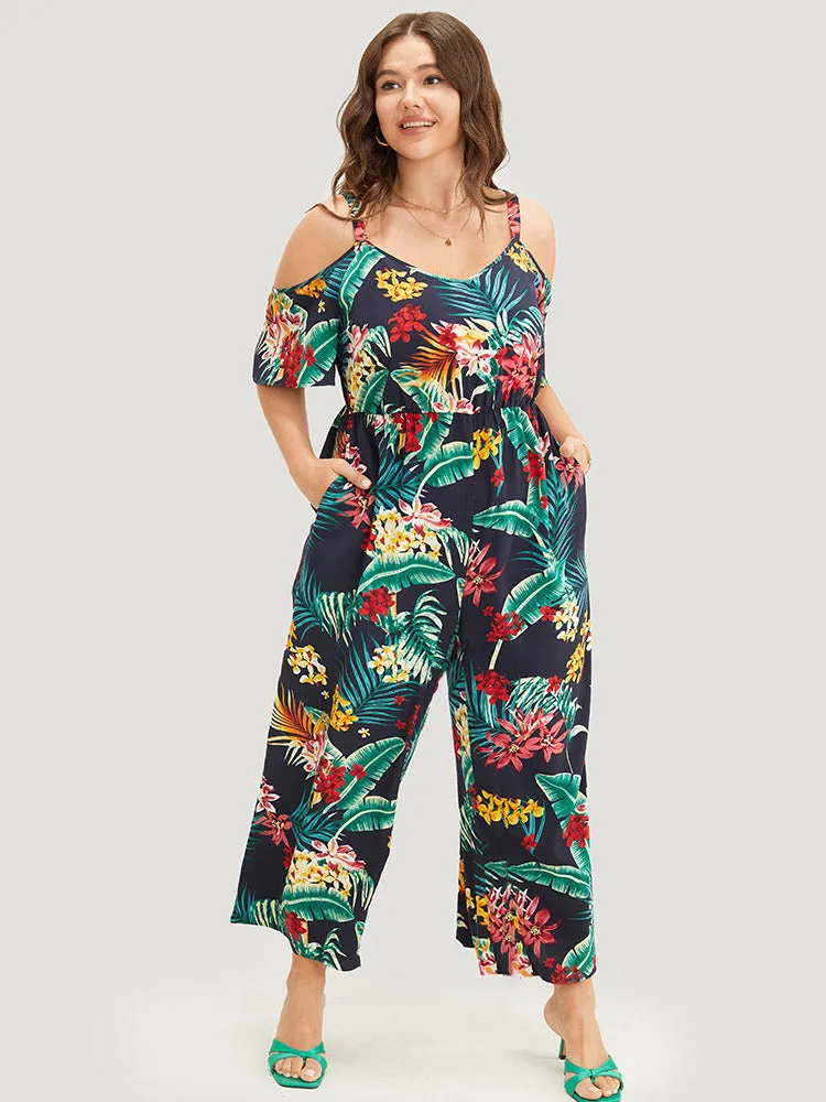 Tropical Print Pocket Cold Shoulder Jumpsuit sold by Bloomchic
