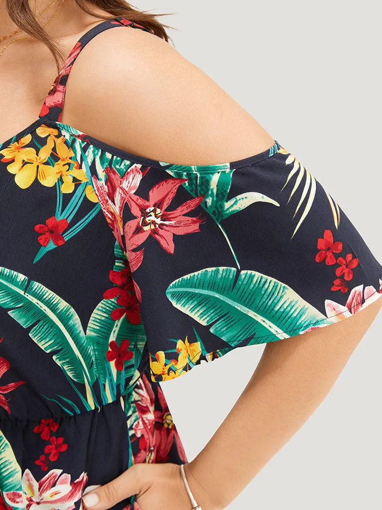 Tropical Print Pocket Cold Shoulder Jumpsuit sold by Bloomchic product image thumbnail 5