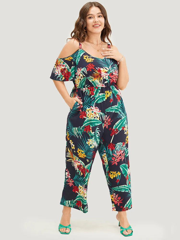 Tropical Print Pocket Cold Shoulder Jumpsuit sold by Bloomchic product image thumbnail 2