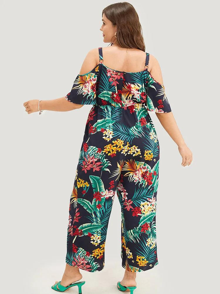 Tropical Print Pocket Cold Shoulder Jumpsuit sold by Bloomchic product image thumbnail 3