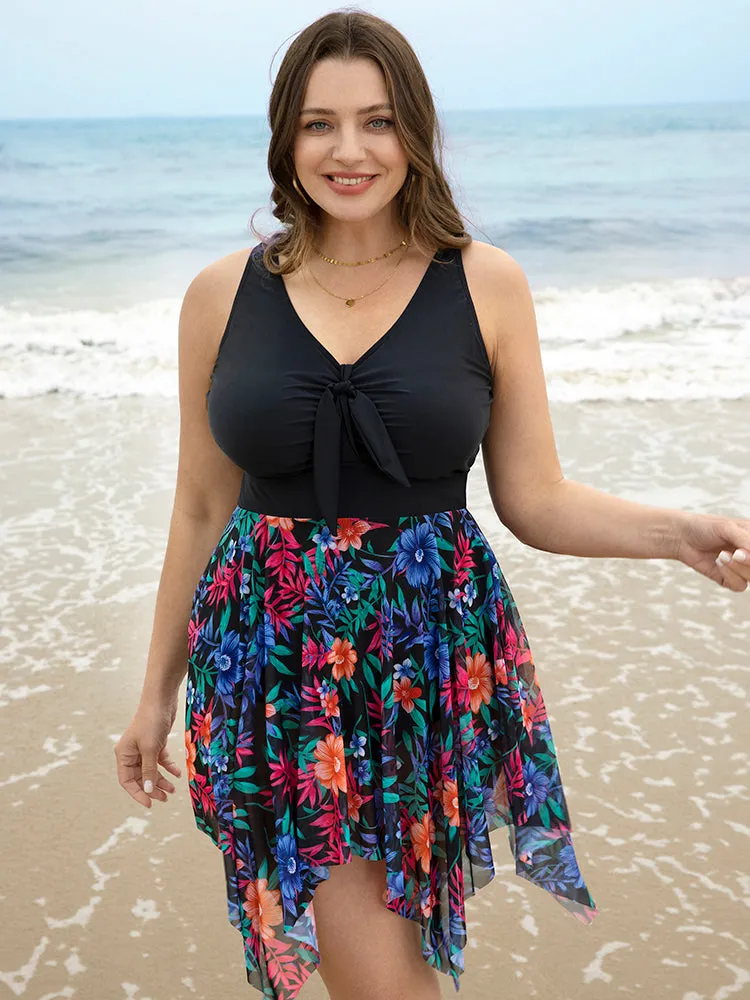 Floral Patchwork Ruched Hanky Hem Knot Swim Dress sold by Bloomchic product image thumbnail 3