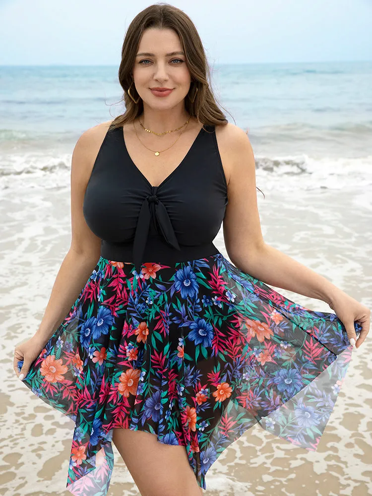 Floral Patchwork Ruched Hanky Hem Knot Swim Dress sold by Bloomchic