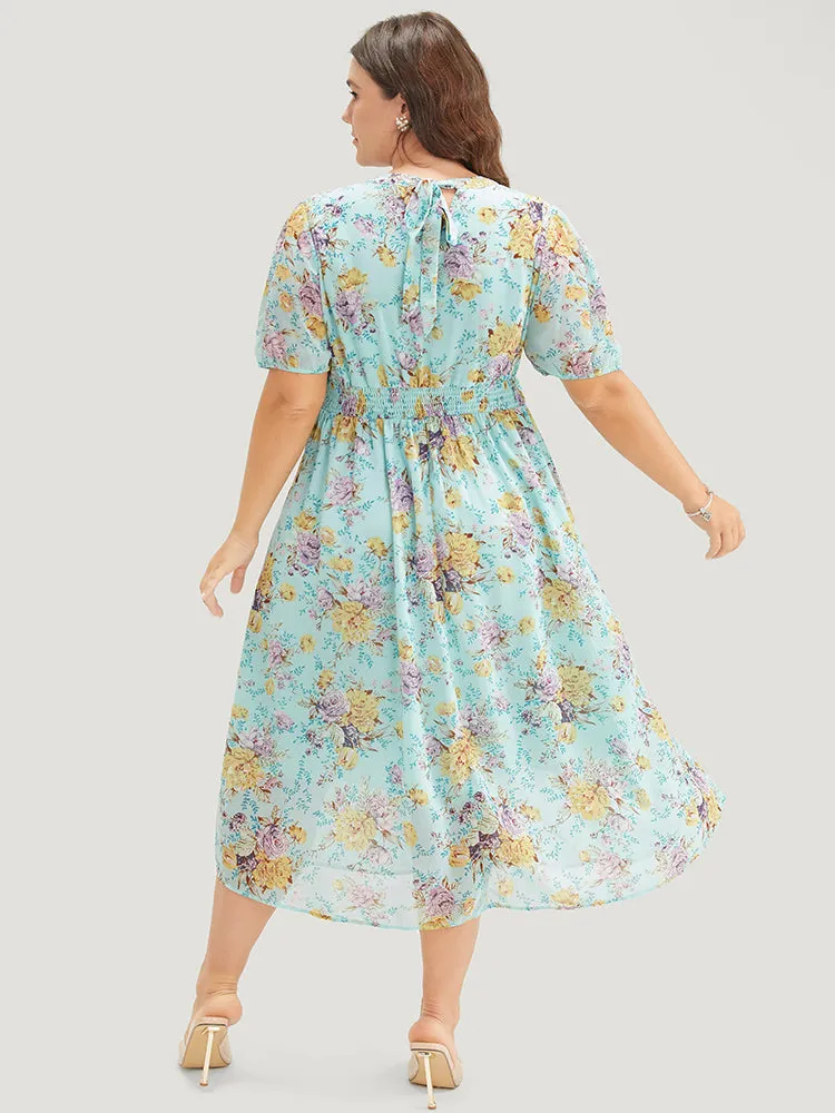 Floral Lace Trim Keyhole Neck Pocket Puff Sleeve Dress sold by Bloomchic product image thumbnail 4