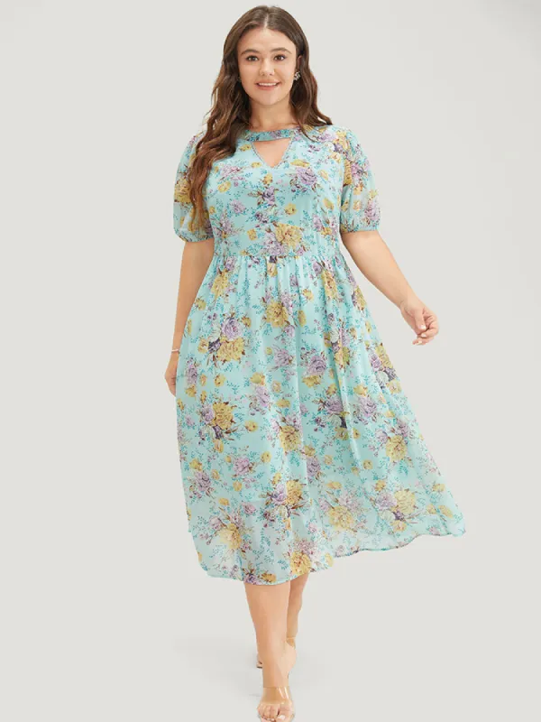 Floral Lace Trim Keyhole Neck Pocket Puff Sleeve Dress sold by Bloomchic