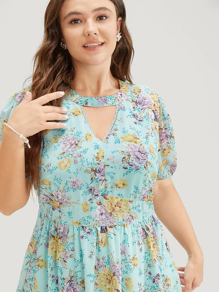 Floral Lace Trim Keyhole Neck Pocket Puff Sleeve Dress sold by Bloomchic product image thumbnail 5