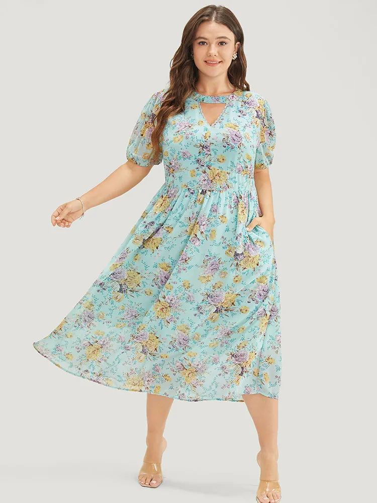 Floral Lace Trim Keyhole Neck Pocket Puff Sleeve Dress sold by Bloomchic product image thumbnail 2